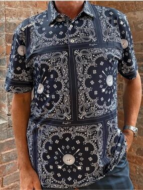 Swing Juice Men's Navy Bandana Print Short Sleeve golf Shirt, navy, sz s, nwt
